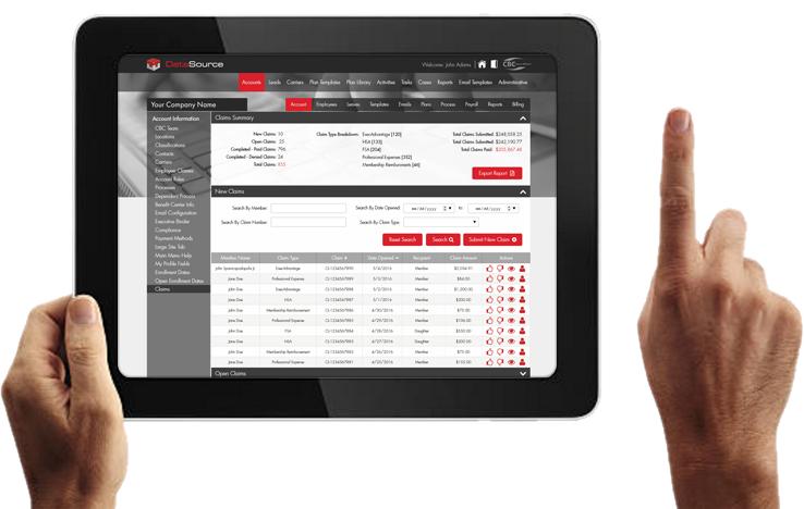 The CBC DataSource benefit-administration dashboard on a tablet